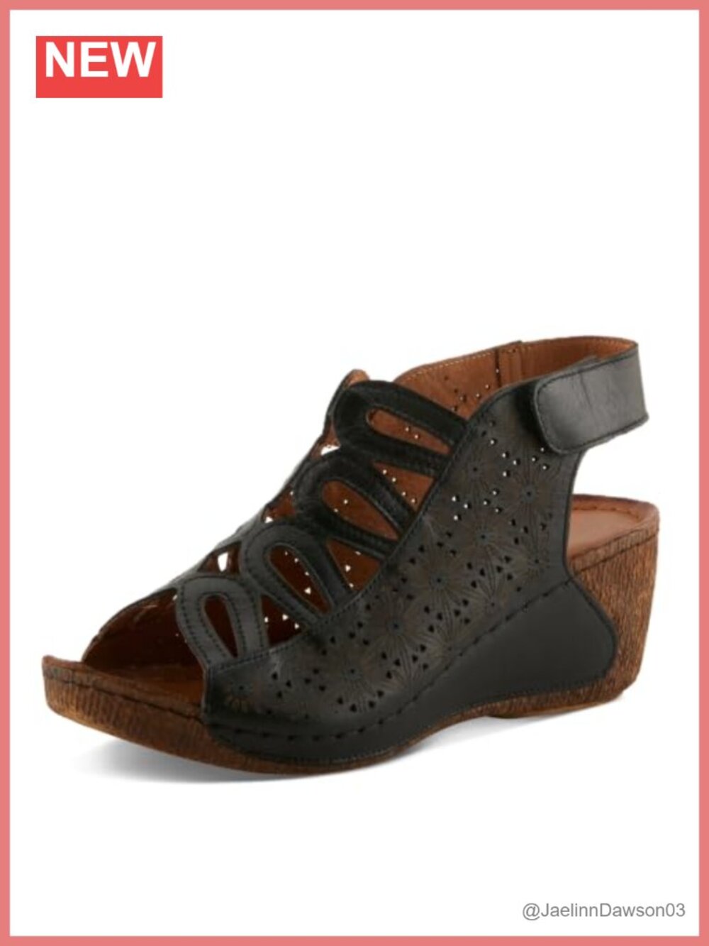 Women's Leather Wedge Sandals Floral Laser Cut Hook Loop Low Heel